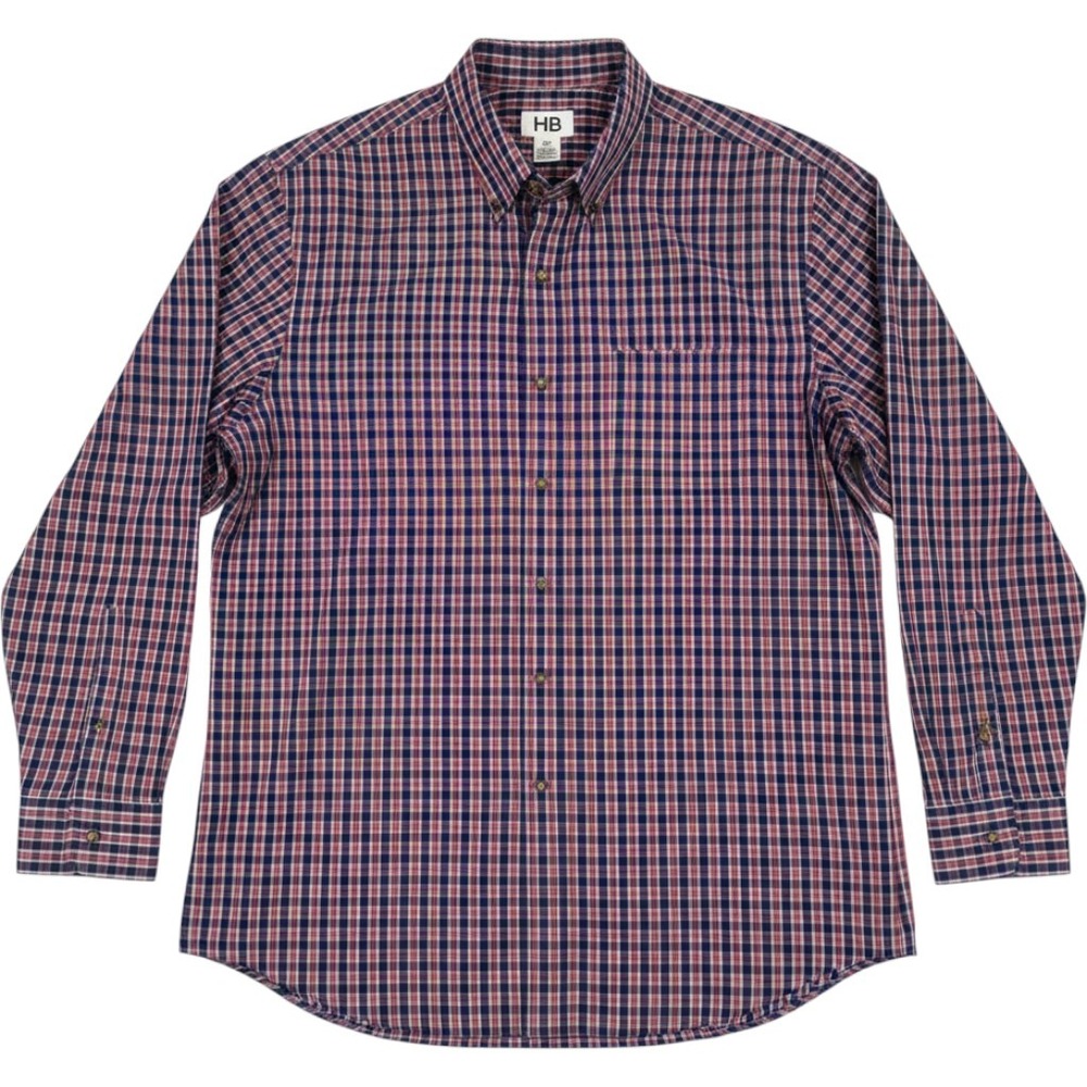 HB Mens Plaid Button Down Shirt 2XL Navy Blue Red Long Sleeve Cotton Blend